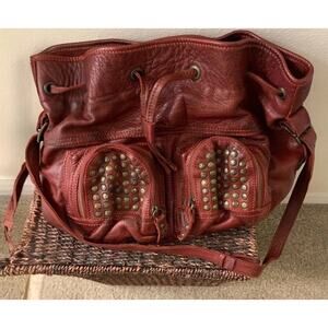 Frye 'Brooke' Studded Drawstring Bucket Bag Red Leather Antique Brass Accents
